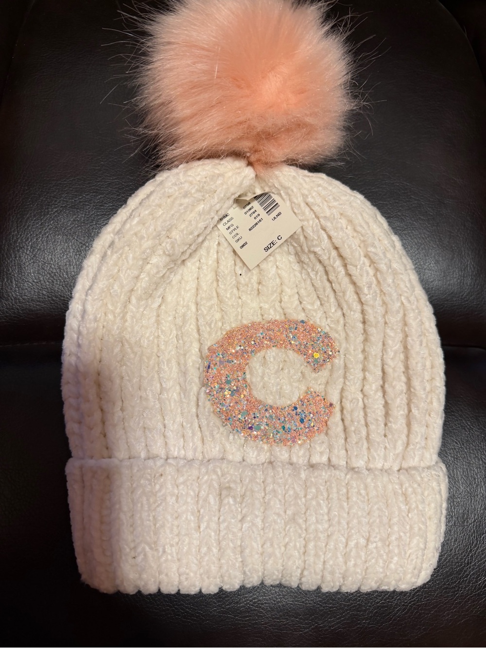 Justice Cream Knit Beanie with Pink Pom and Glitter 'C'